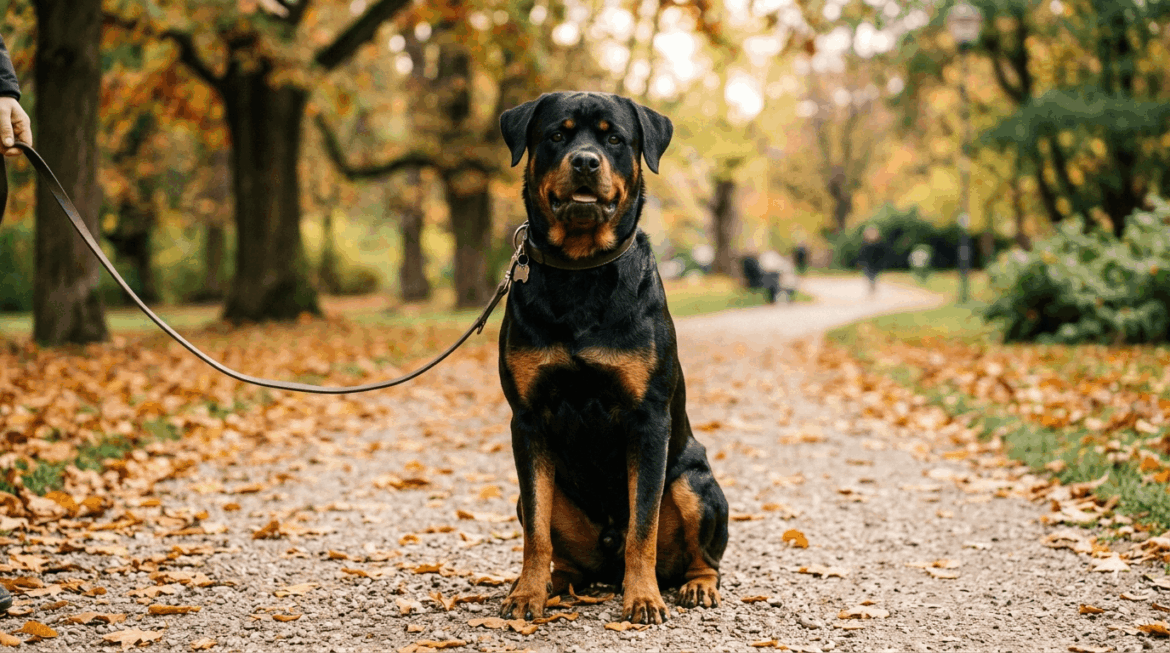 Balanced well-mannered rottweiler displaying calm obedient behavior