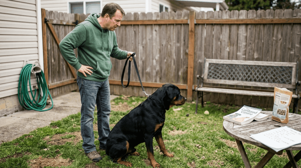 Rottweiler showing confusion from inconsistent training methods