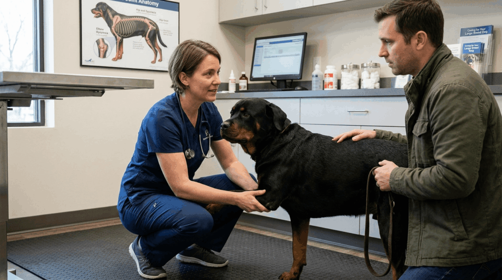 Veterinarian examining rottweiler during checkup appointment