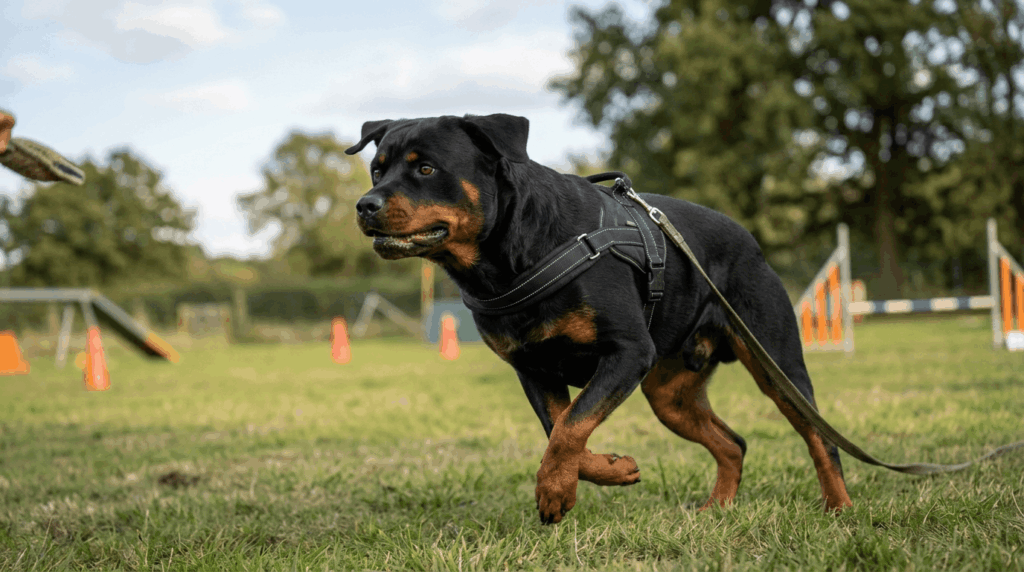 Rottweiler showing drive motivation and intense focus during training