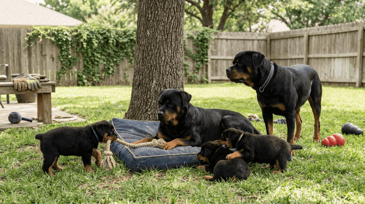 Rottweiler with family showing shared care responsibilities