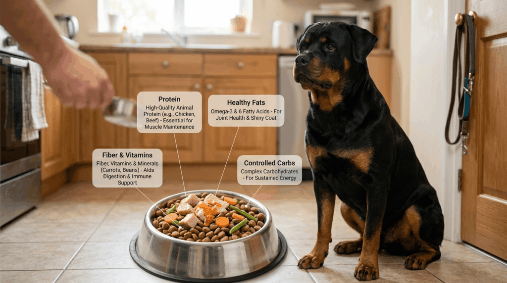 Balanced nutrition and healthy diet plan for rottweiler dogs.