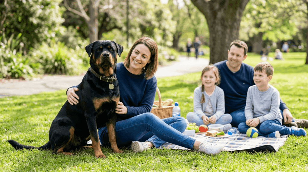 Balanced rottweiler behavior showing calm well-trained dog with confident demeanor