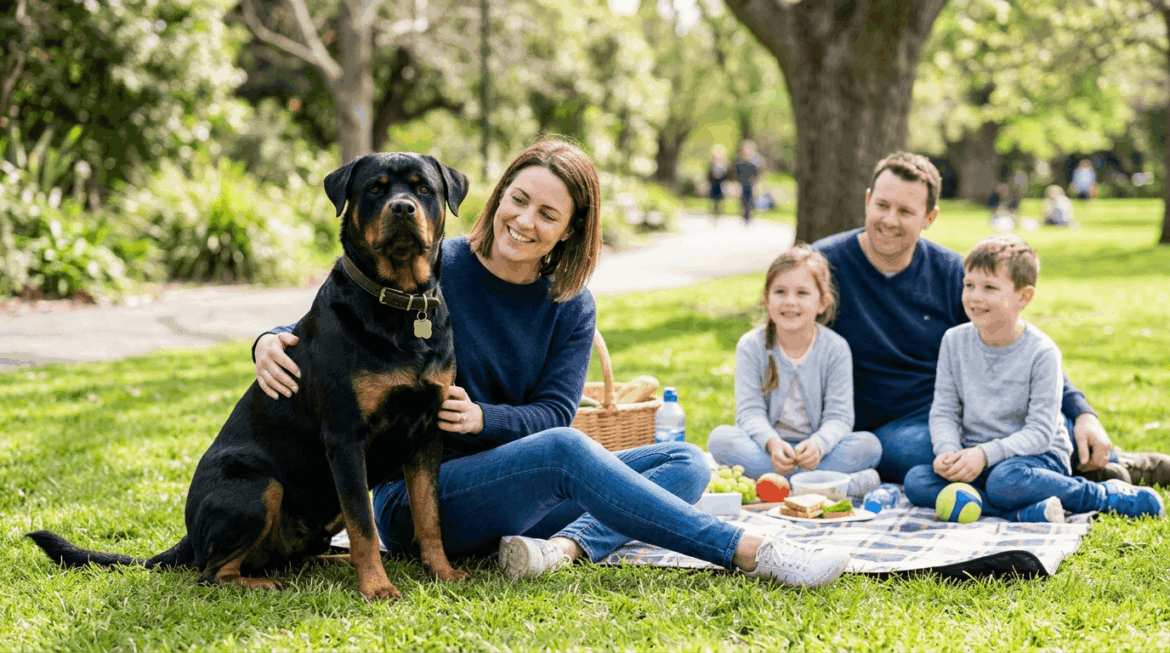 Balanced rottweiler behavior showing calm well-trained dog with confident demeanor