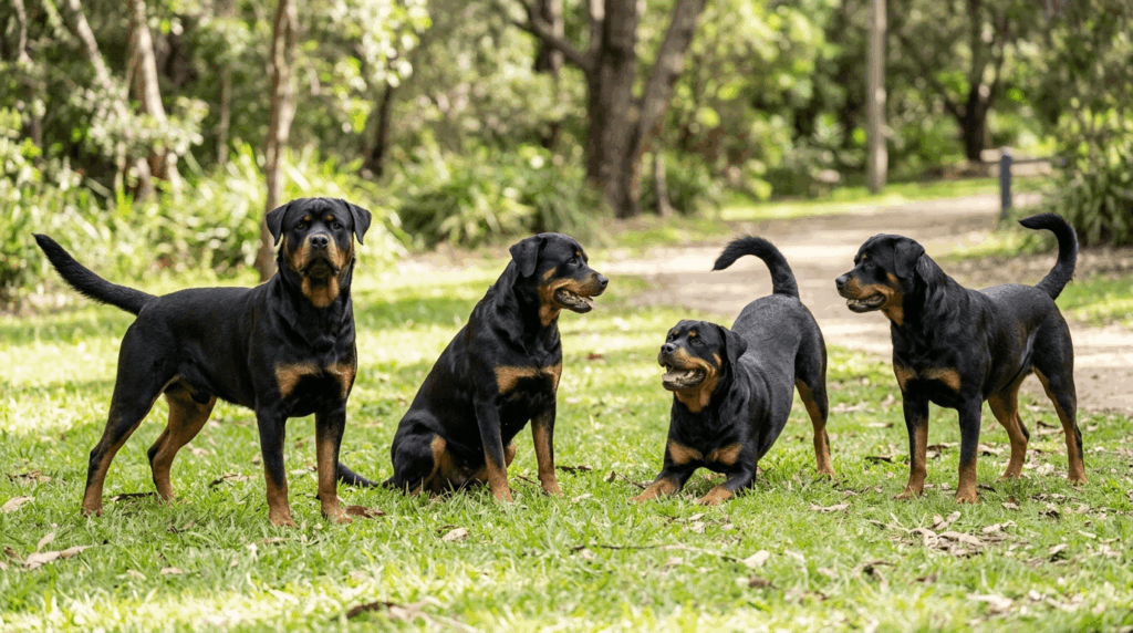 Rottweiler body language showing various postures and communication signals