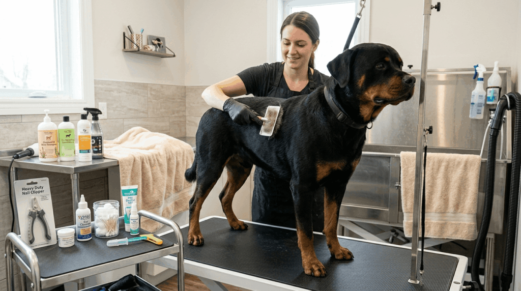 Rottweiler hygiene routine including grooming, bathing, and dental care