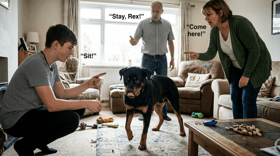 Inconsistent rottweiler training showing confused dog with mixed signals and behavioral challenges