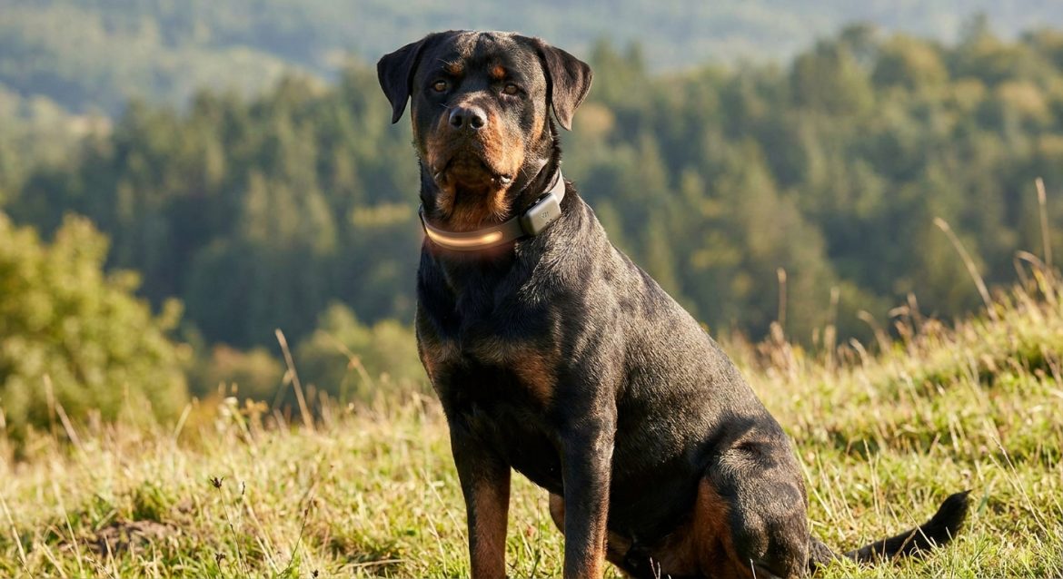 Rottweiler Dog Guide: A Rottweiler wears a glowing smart GPS collar in a grassy field,