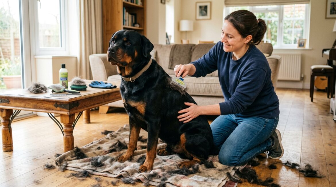 Rottweiler shedding season with grooming brushing and deshedding tools