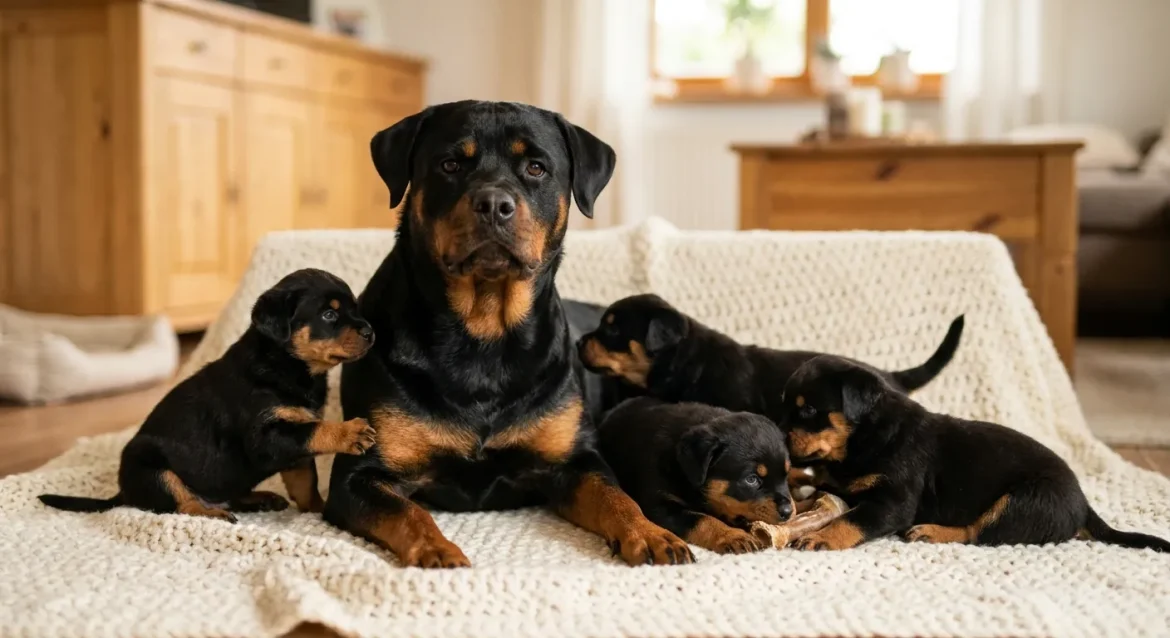 Rottweiler Dog Guide: A mother Rottweiler with her five adorable puppies on a blanket, illustrating a healthy litter