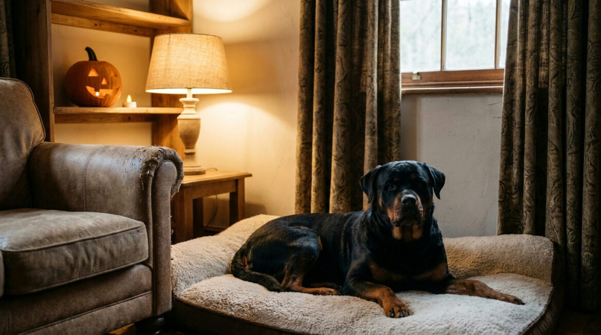 Halloween safety for Rottweilers with dog resting in a calm room away from the front door